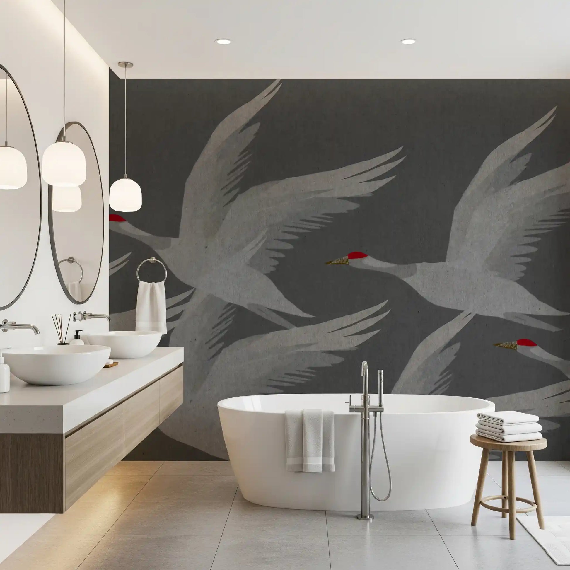 Oriental Crane Flight in Slate and Gold Wall Mural