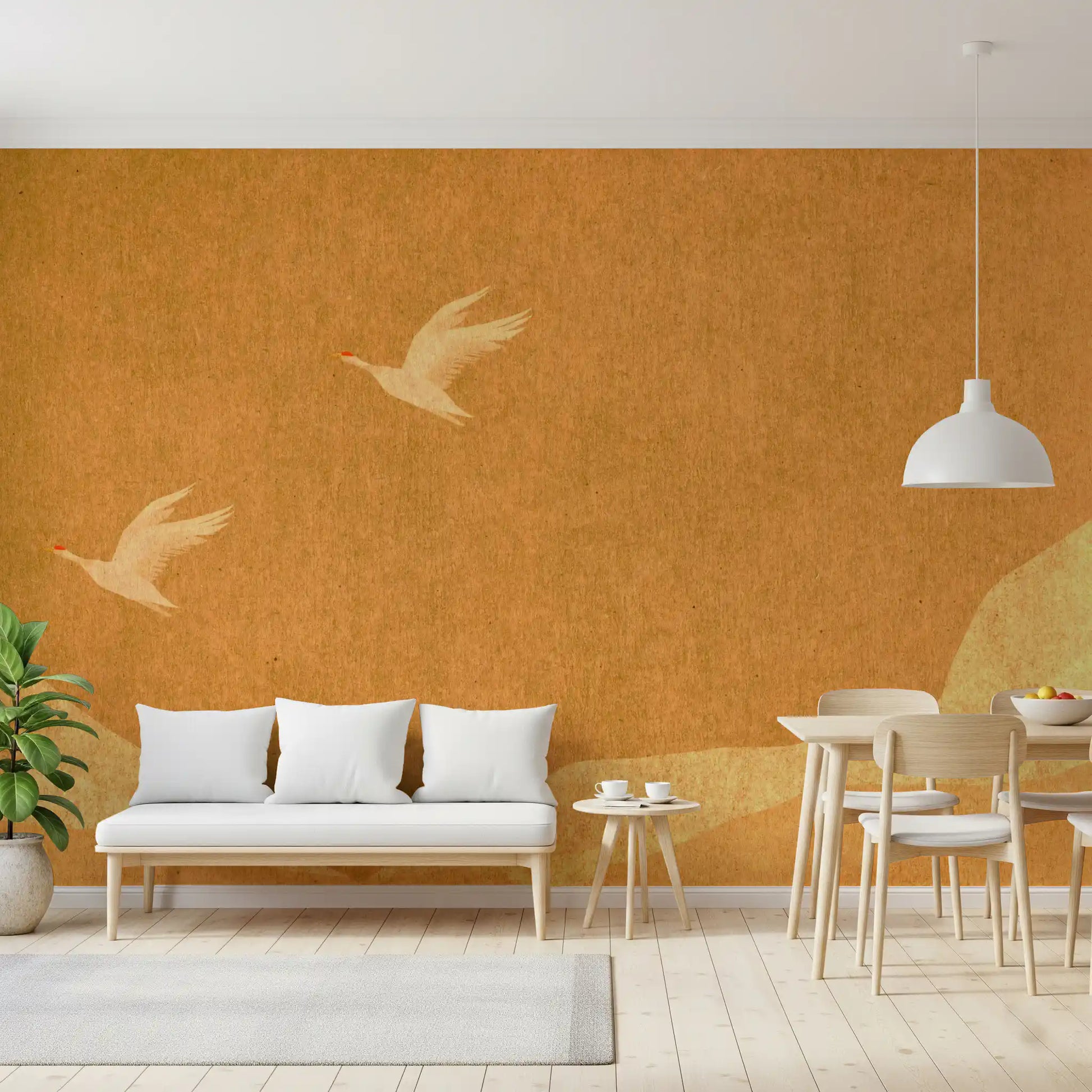 Celestial Golden Cranes over Serene Hills Wall Mural