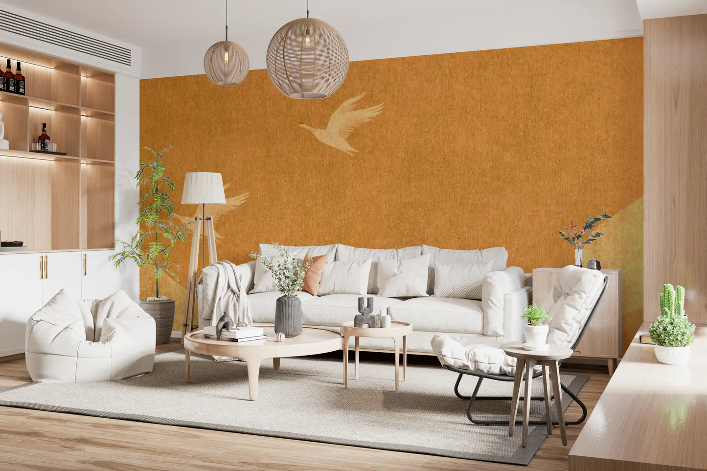 Celestial Golden Cranes over Serene Hills Wall Mural