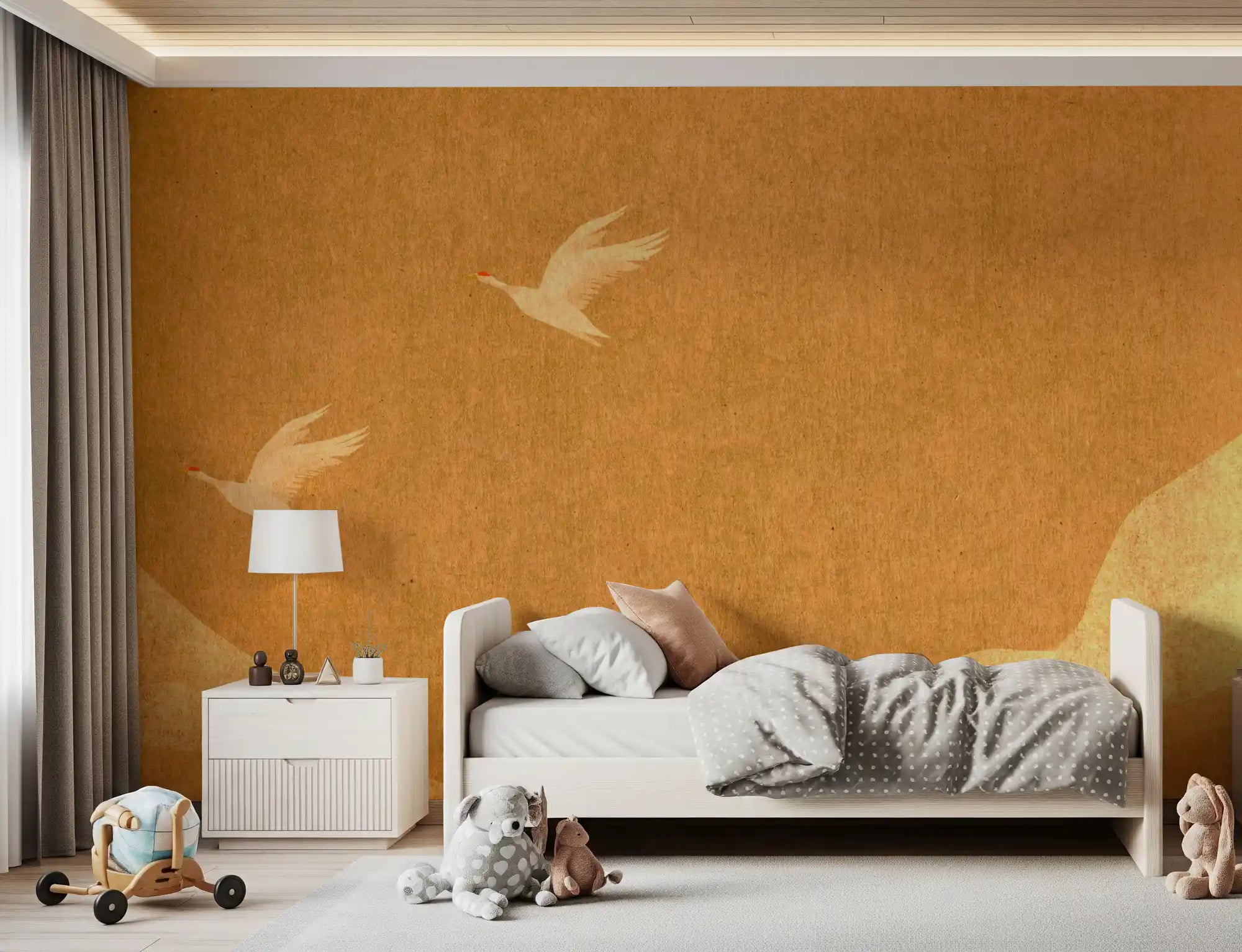 Golden crane flight mural with two white birds over amber hills in kids bedroom GD11006