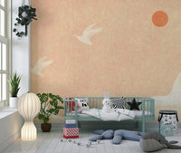 Minimalist Japanese Cranes at Sunset Wall Mural