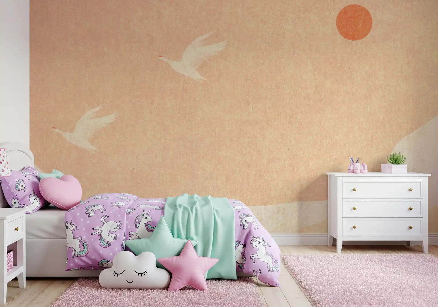 Minimalist Japanese Cranes at Sunset Wall Mural