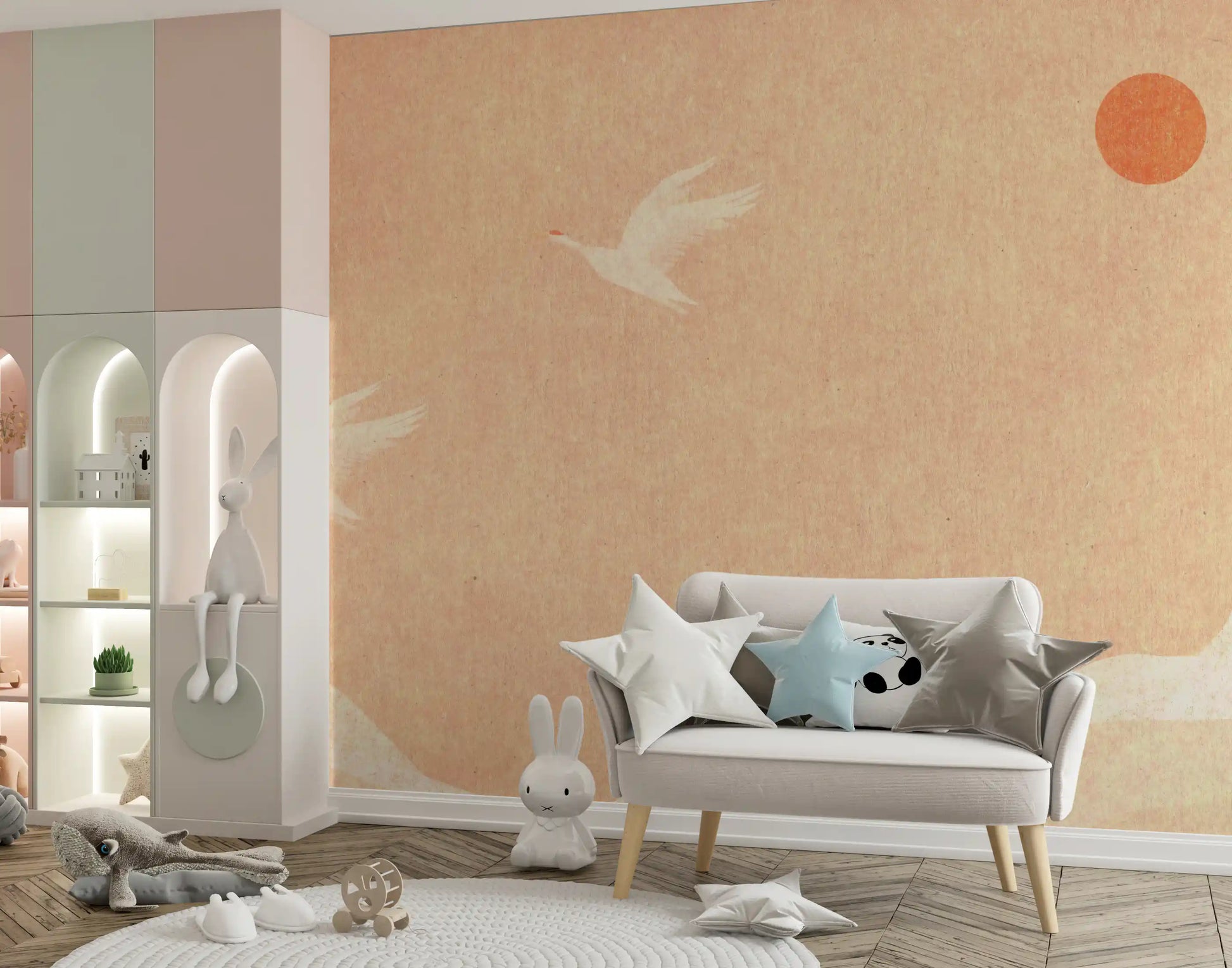 Minimalist Japanese Cranes at Sunset Wall Mural