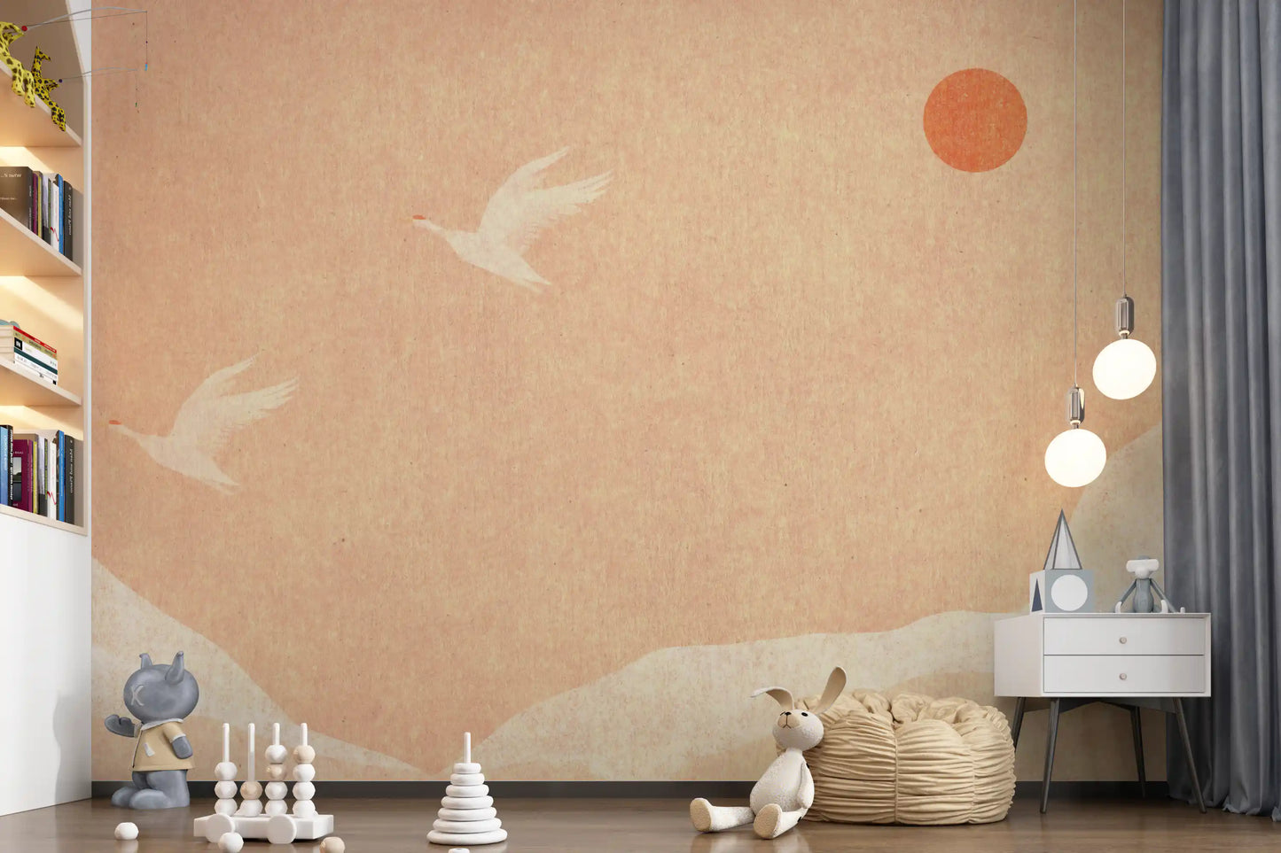 Minimalist Japanese Cranes at Sunset Wall Mural