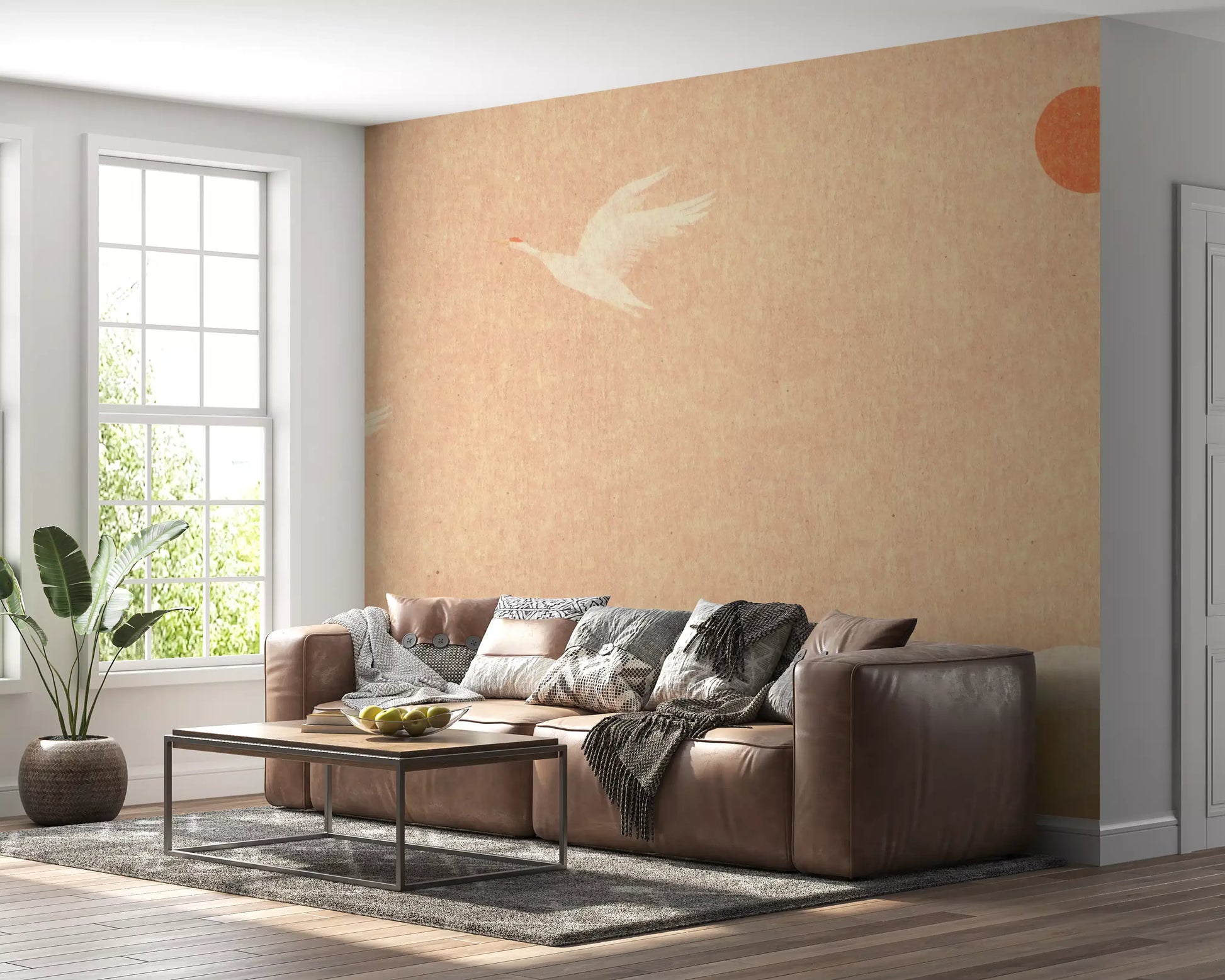 Minimalist Japanese Cranes at Sunset Wall Mural