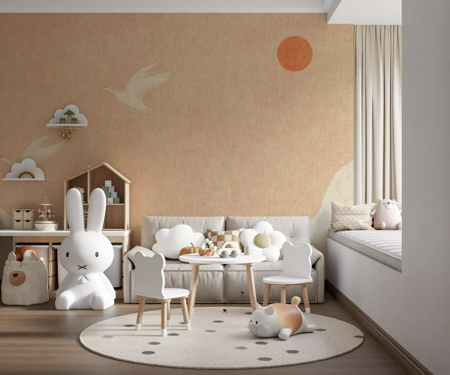 Minimalist Japanese Cranes at Sunset Wall Mural