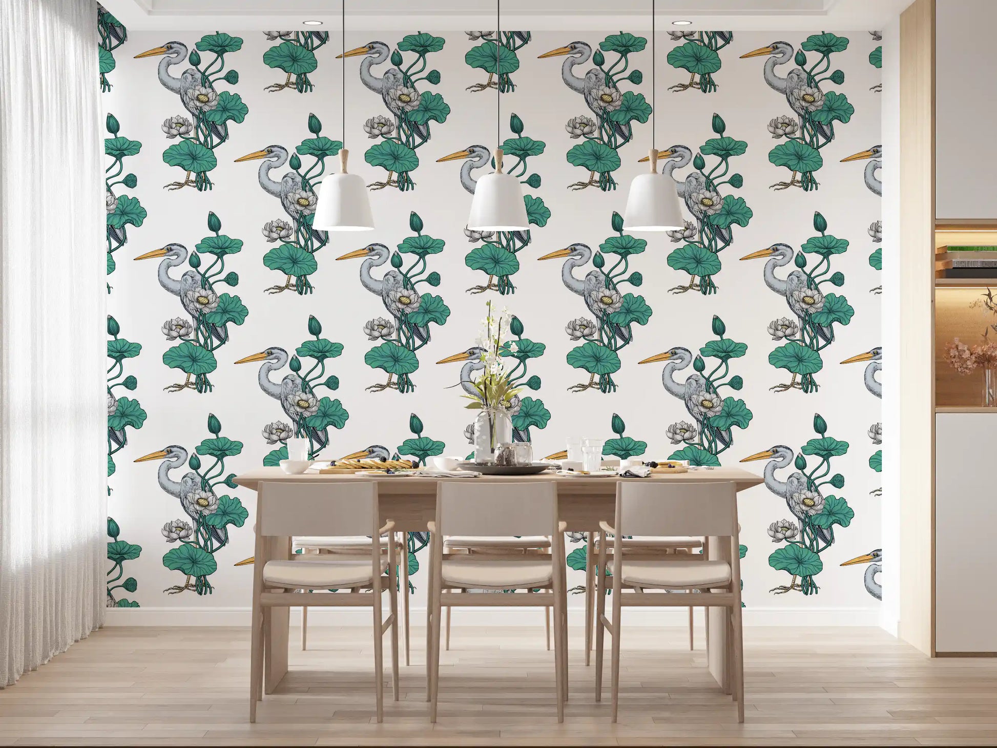 Heron in the White Lotus Garden on white Wallpaper⁠