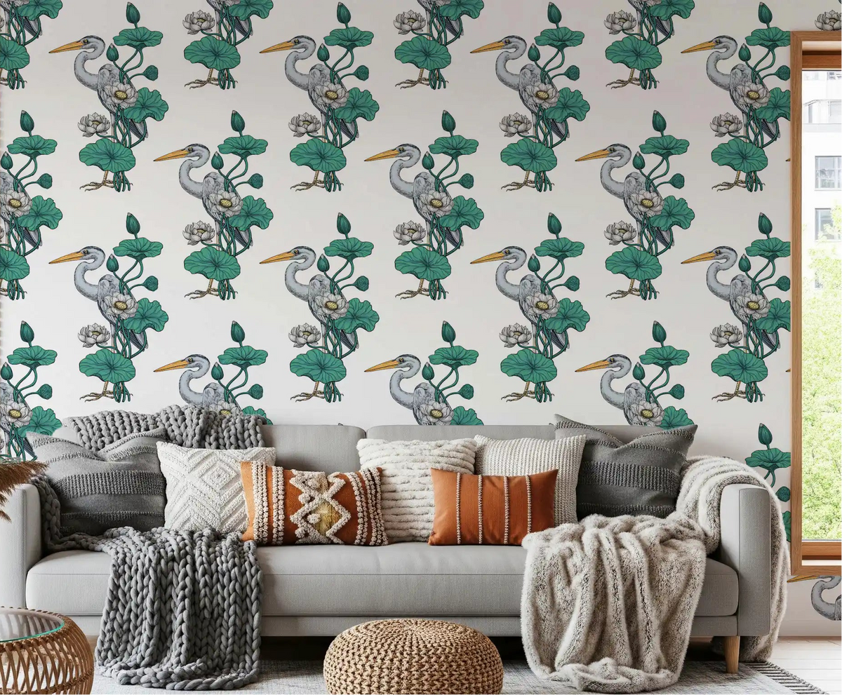 Grey heron standing among white lotus flowers and teal leaves pattern wallpaper GD11009