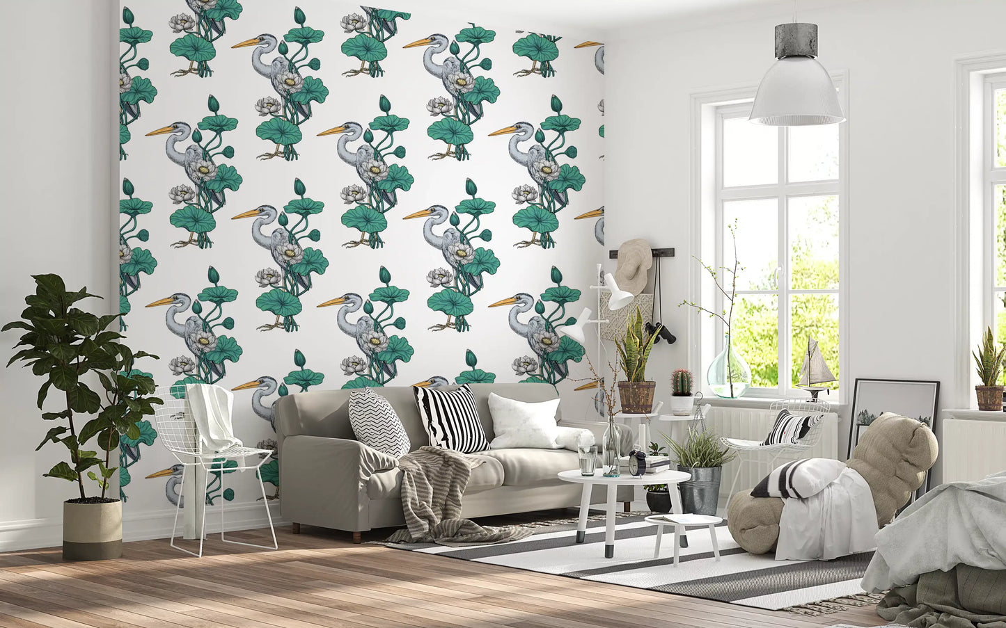 Heron in the White Lotus Garden on white Wallpaper⁠