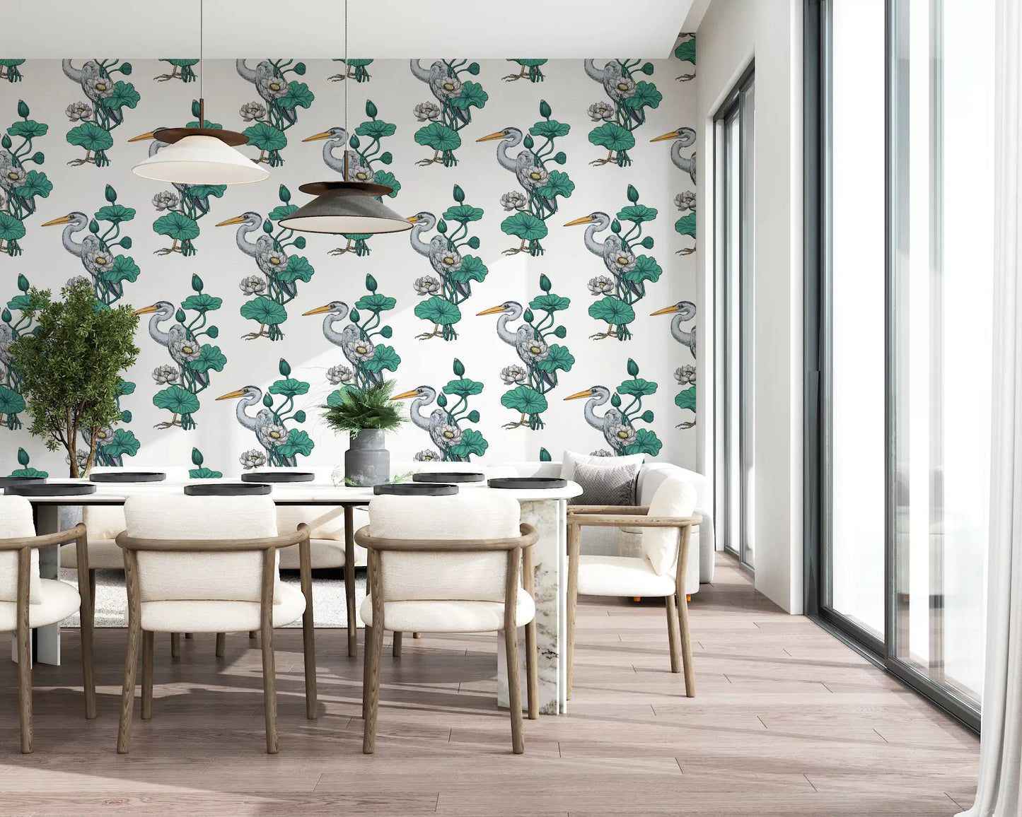 Heron in the White Lotus Garden on white Wallpaper⁠