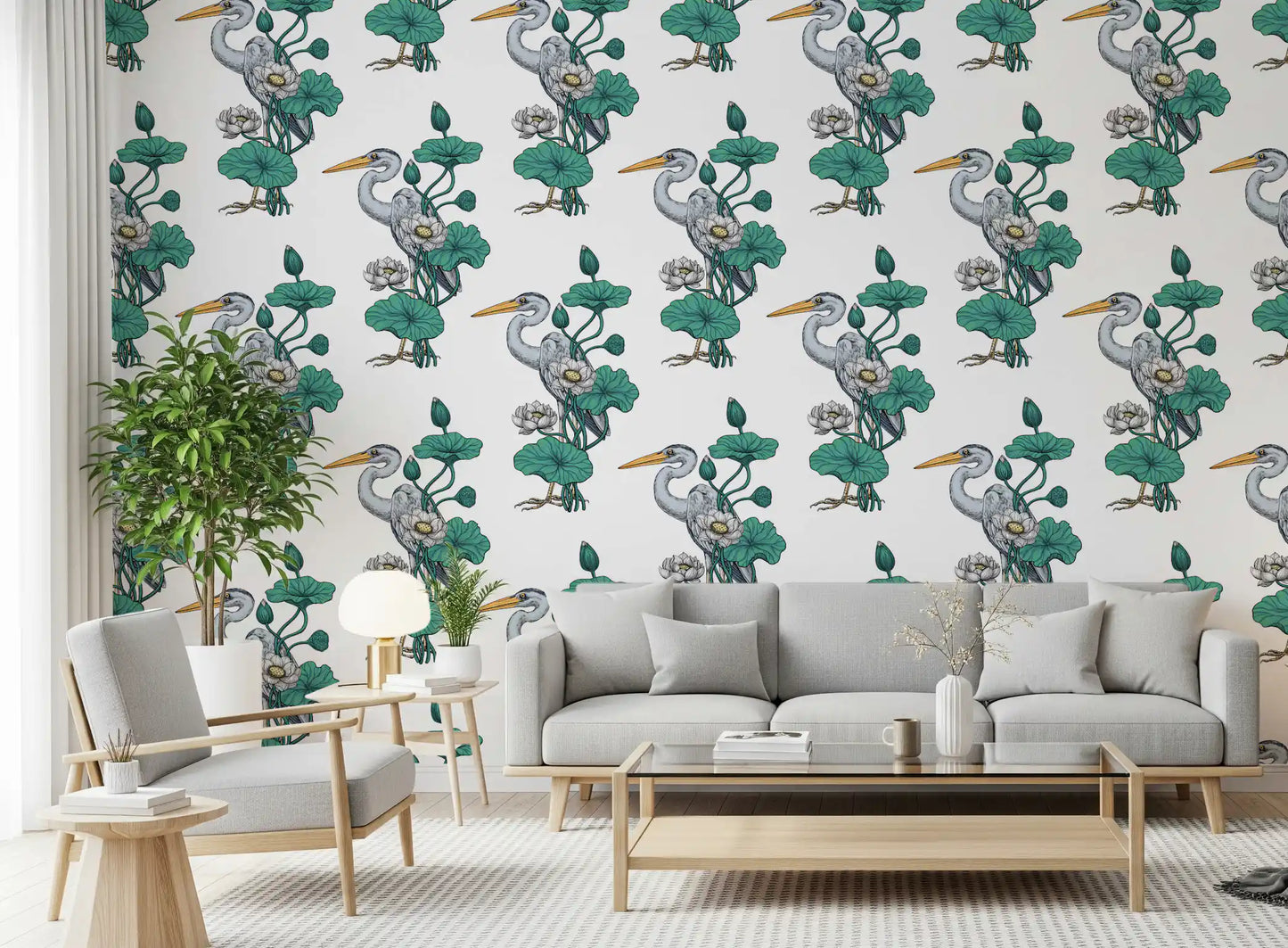 Heron in the White Lotus Garden on white Wallpaper⁠