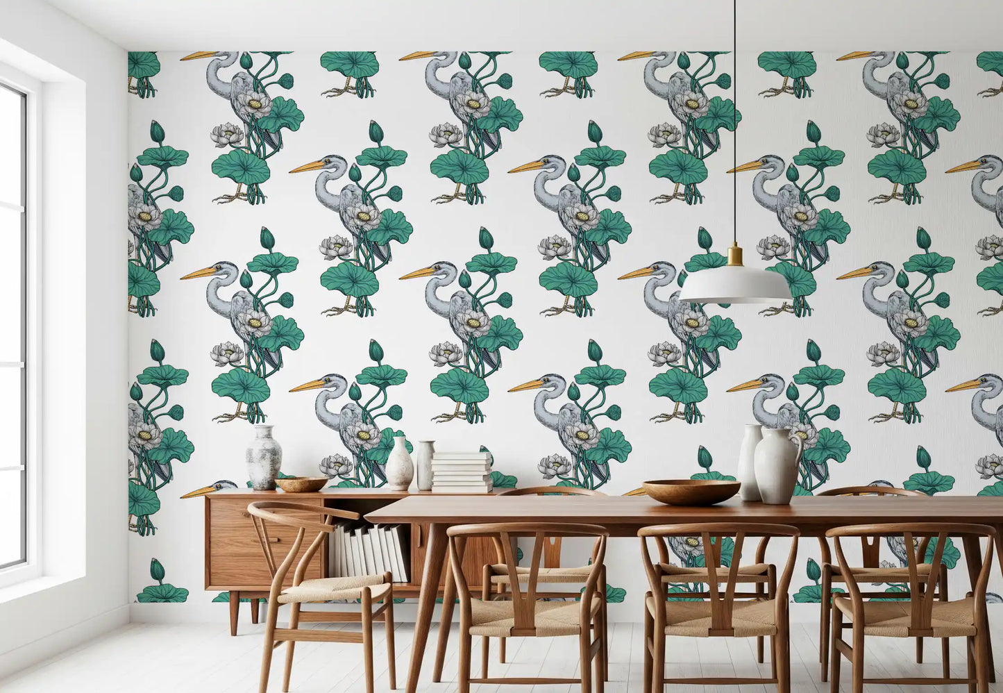Heron in the White Lotus Garden on white Wallpaper⁠