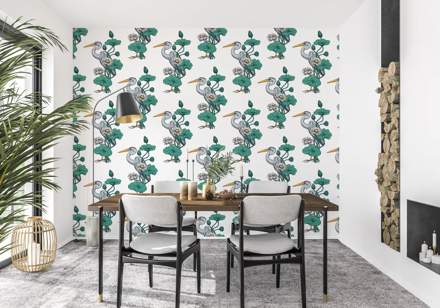 Heron in the White Lotus Garden on white Wallpaper⁠