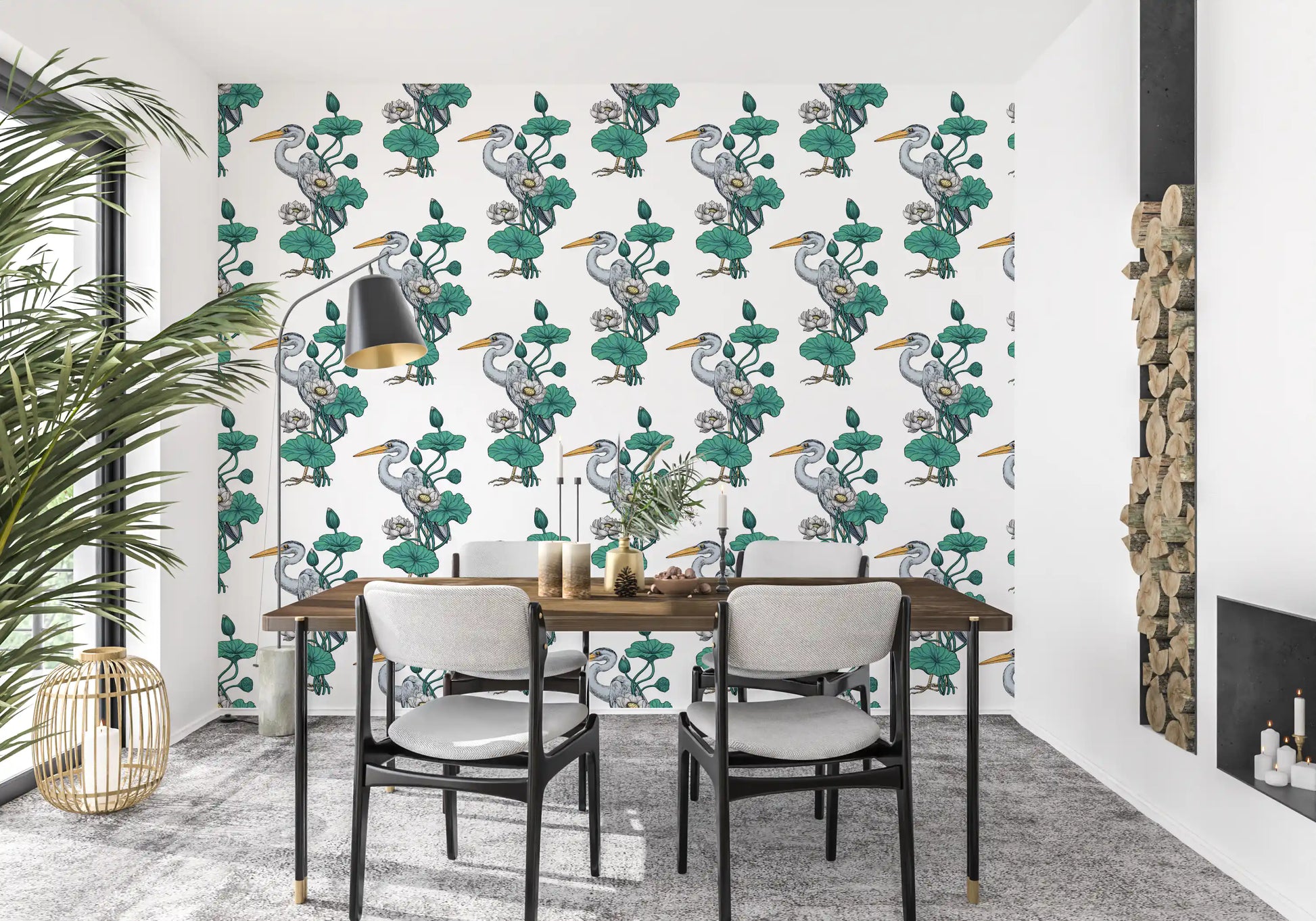 Heron in the White Lotus Garden on white Wallpaper⁠