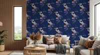 Heron in the Pink Lotus Garden on delpht blue Wallpaper⁠