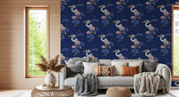 Heron in the Pink Lotus Garden on delpht blue Wallpaper⁠