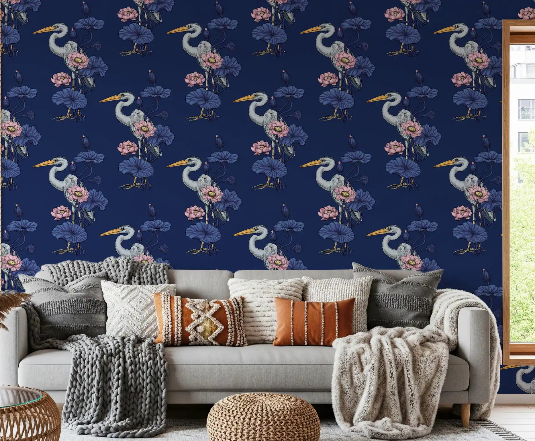 Grey heron among pink lotus flowers and indigo leaves wallpaper on delft blue ground GD11010