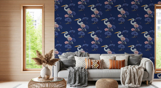 Grey heron among pink lotus flowers and indigo leaves wallpaper on delft blue ground GD11010
