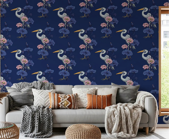 Grey heron among pink lotus flowers and indigo leaves wallpaper on delft blue ground GD11010