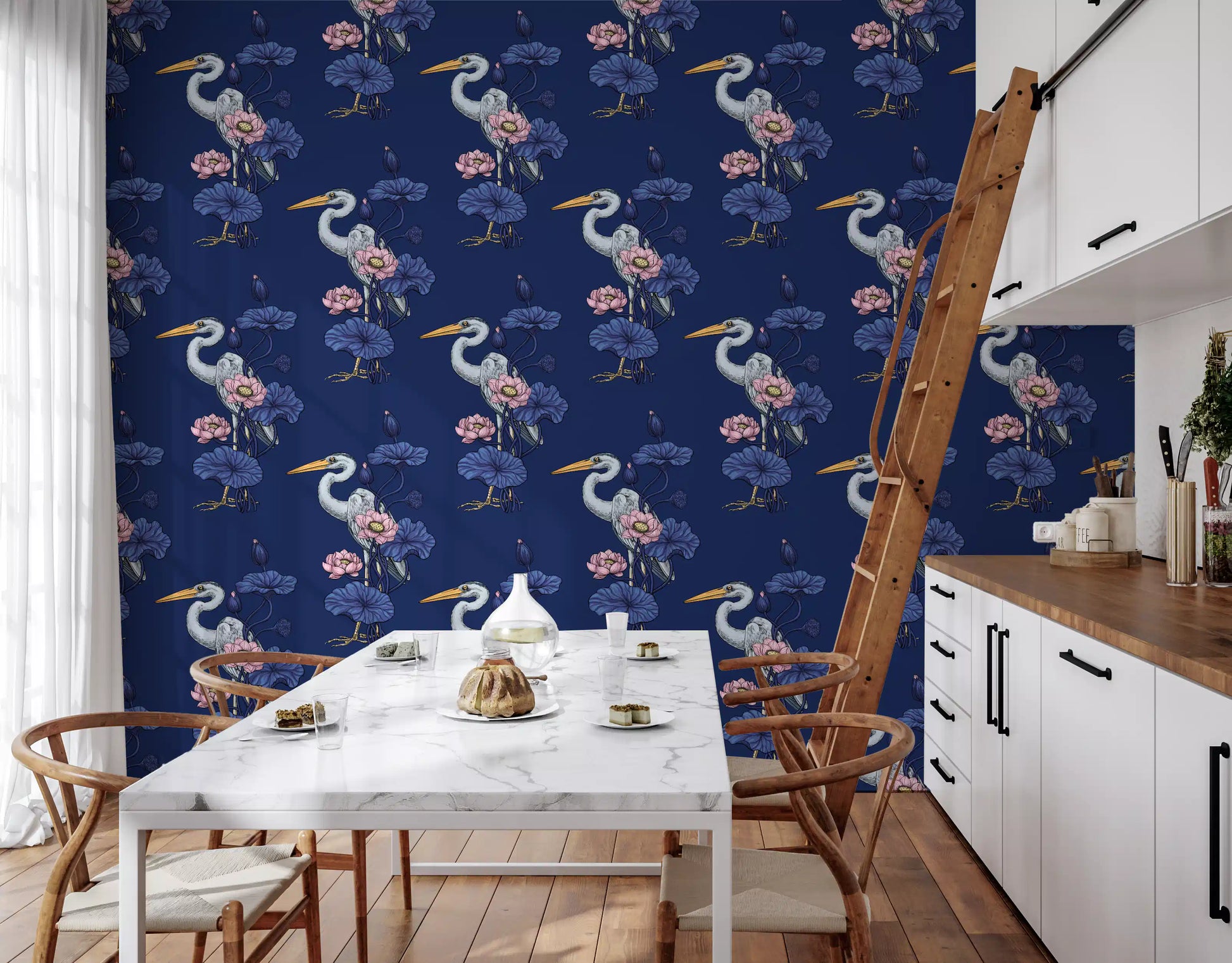 Heron in the Pink Lotus Garden on delpht blue Wallpaper⁠