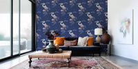 Heron in the Pink Lotus Garden on delpht blue Wallpaper⁠