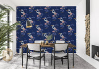 Heron in the Pink Lotus Garden on delpht blue Wallpaper⁠
