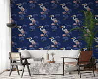 Heron in the Pink Lotus Garden on delpht blue Wallpaper⁠