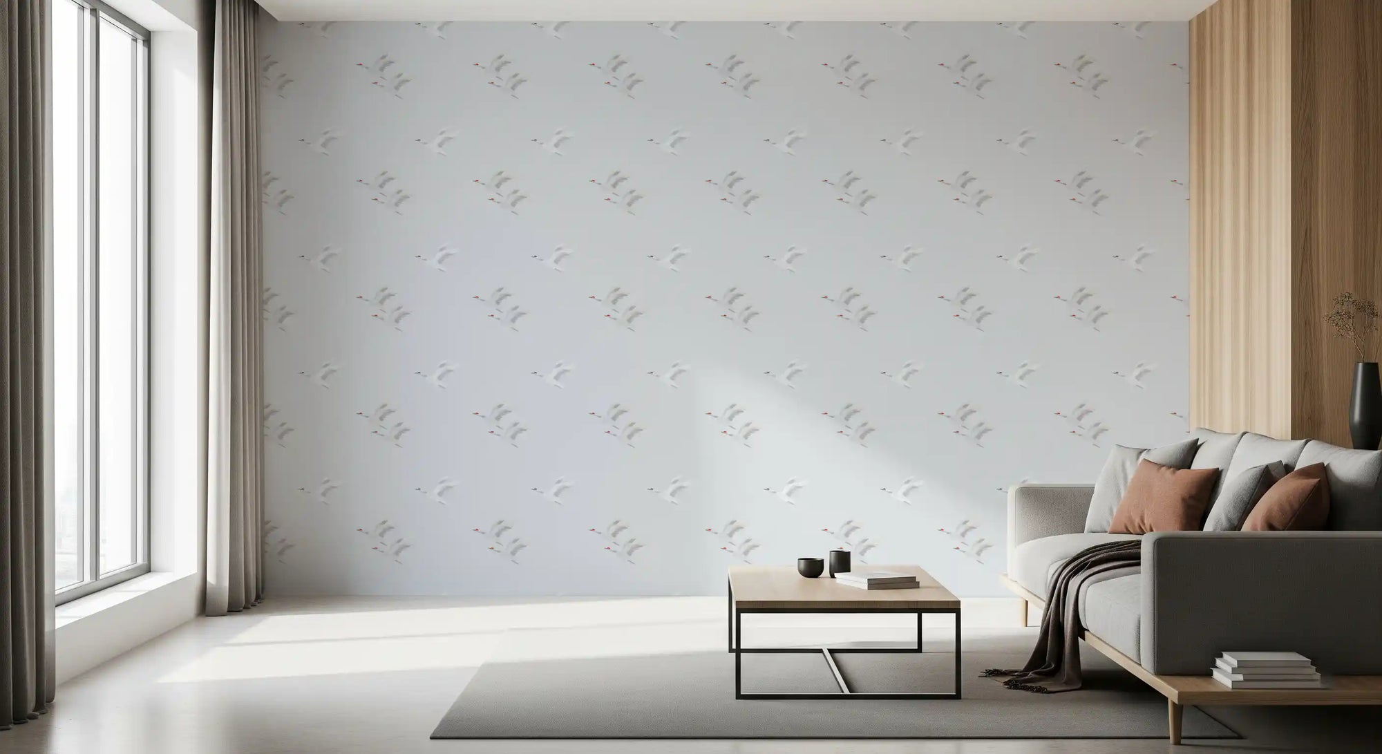 Small white cranes wallpaper in flight repeating pattern on pale ice-blue ground GD11011