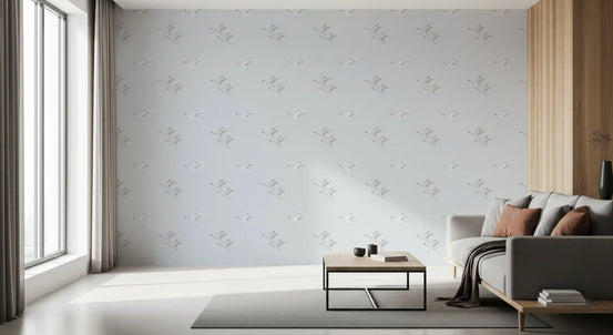 Small white cranes wallpaper in flight repeating pattern on pale ice-blue ground GD11011