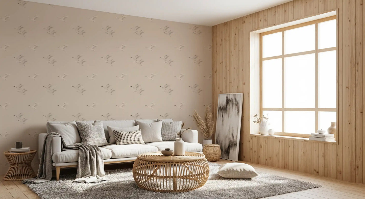 Serene Winged Flight Soft Ochre Pattern Wallpaper⁠