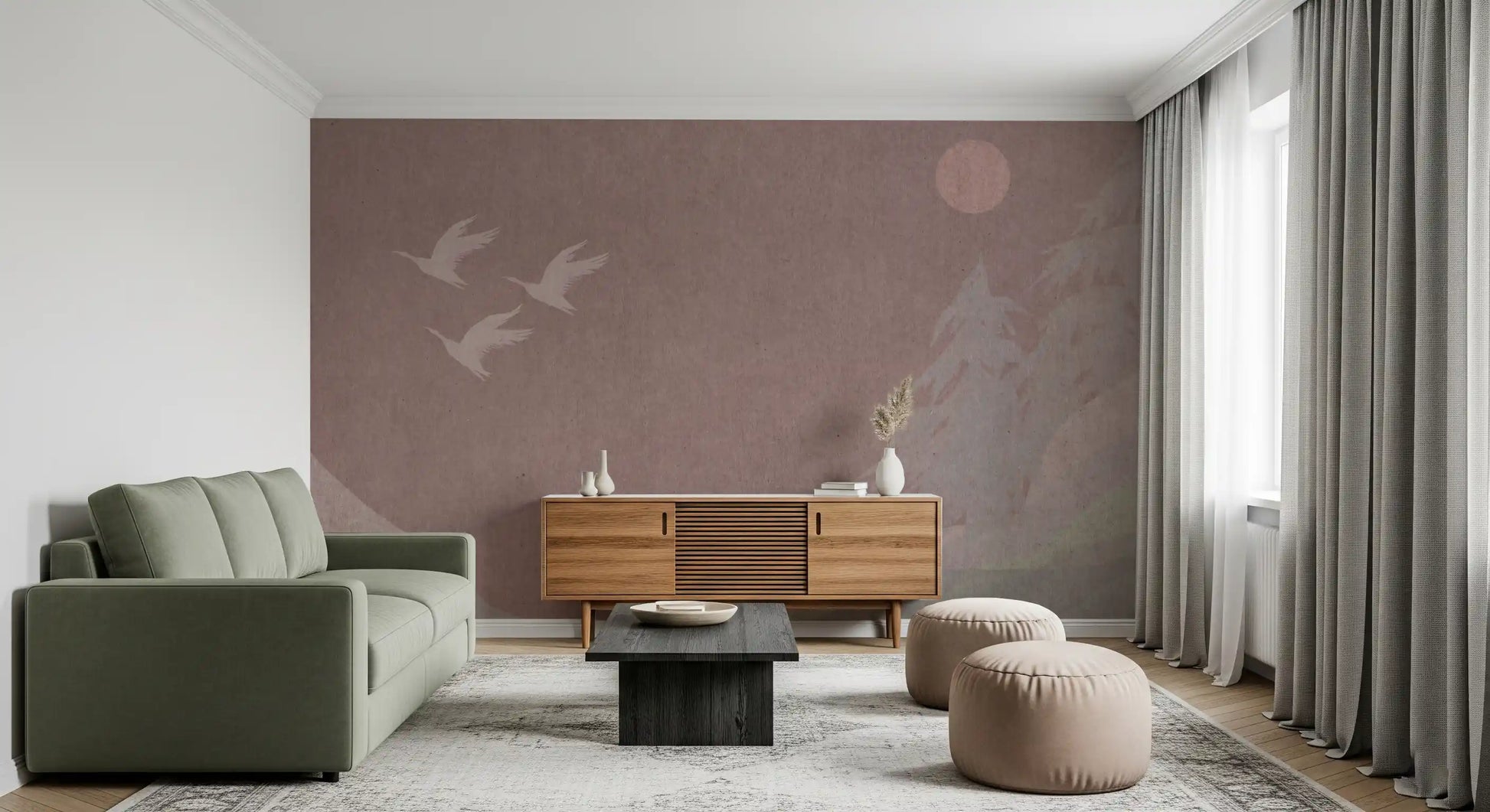 Minimalist Japanese Cranes in Blush Mauve Wall Mural