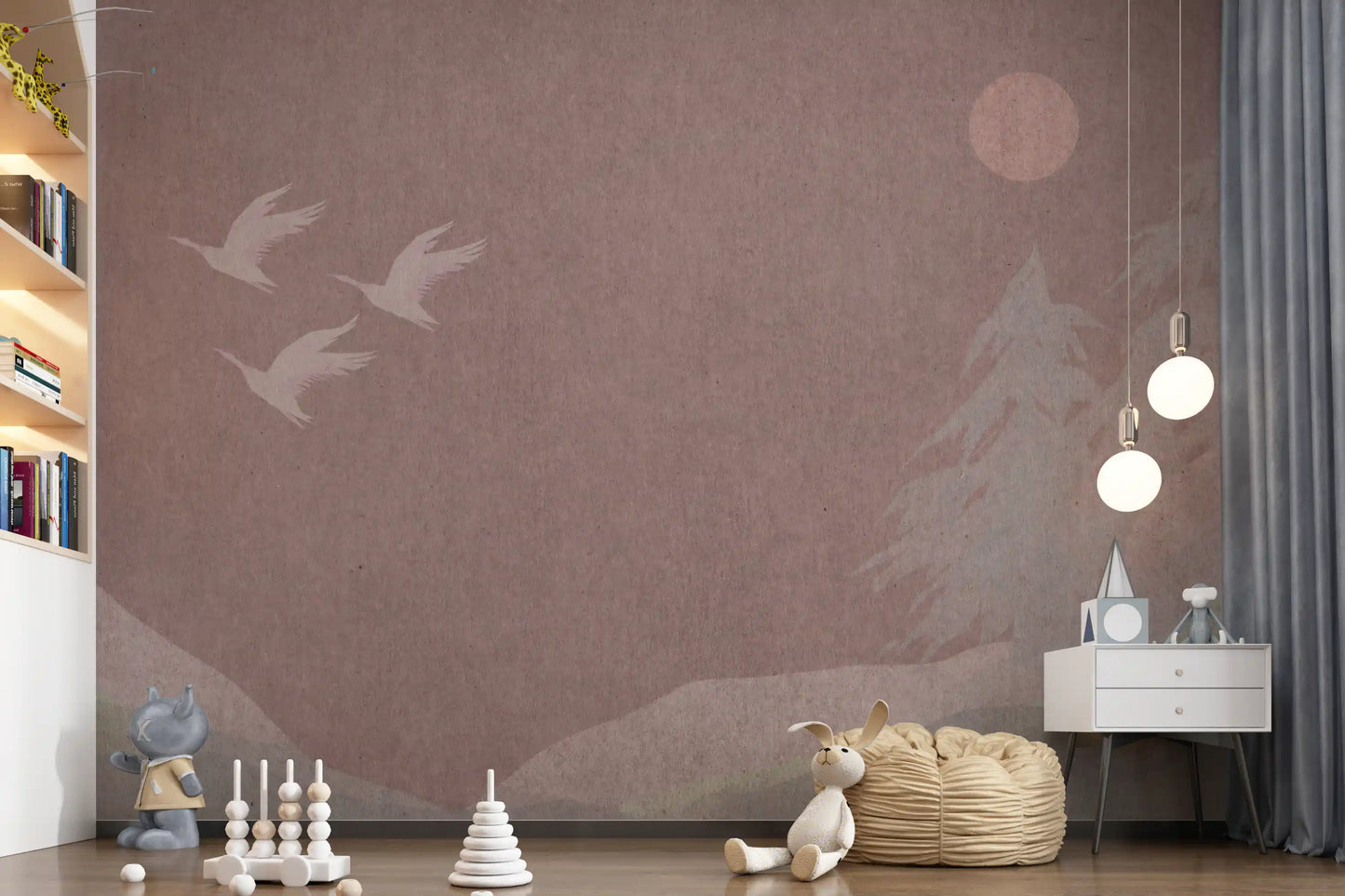 Minimalist Japanese Cranes in Blush Mauve Wall Mural