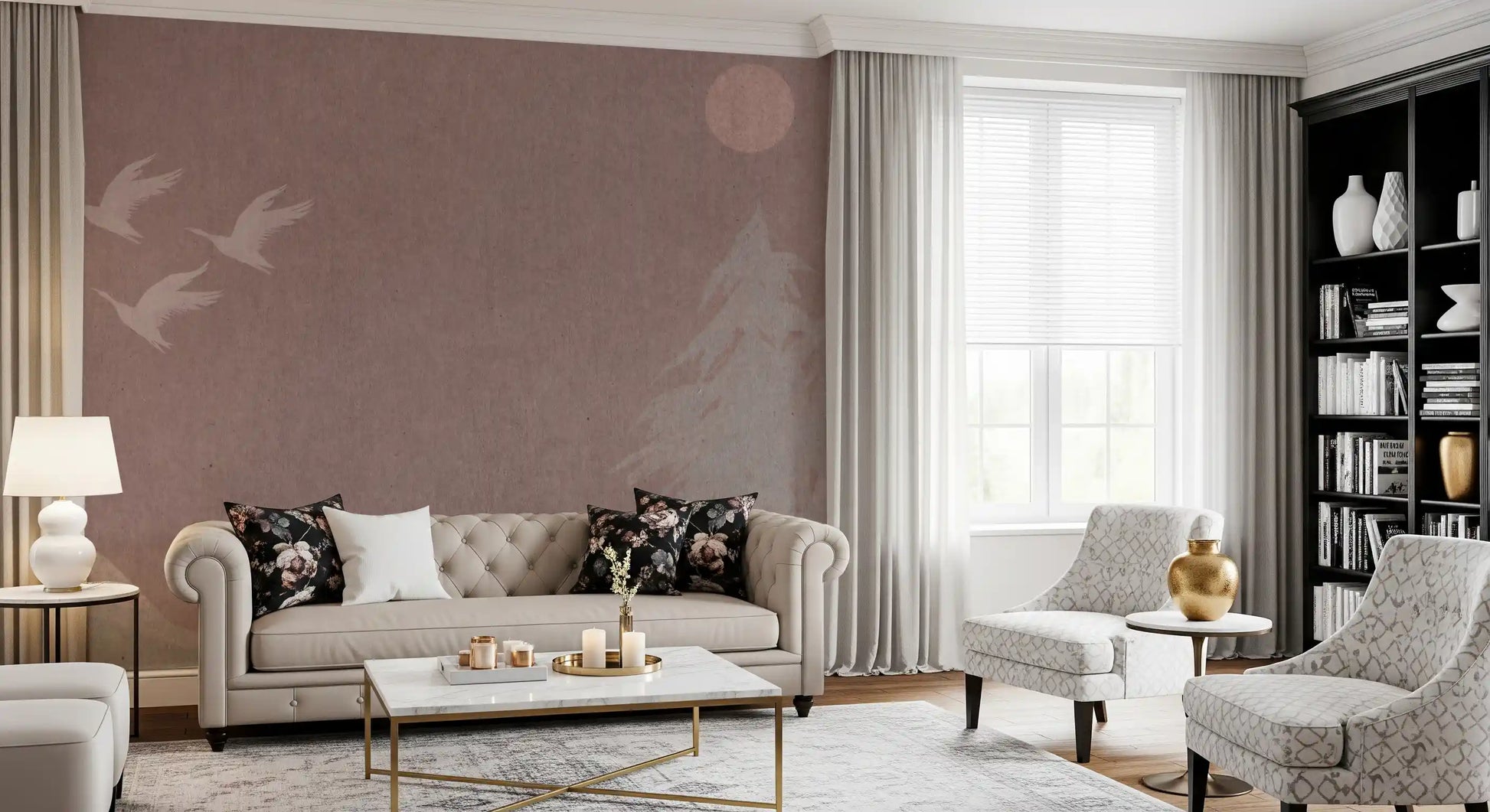 Minimalist Japanese Cranes in Blush Mauve Wall Mural