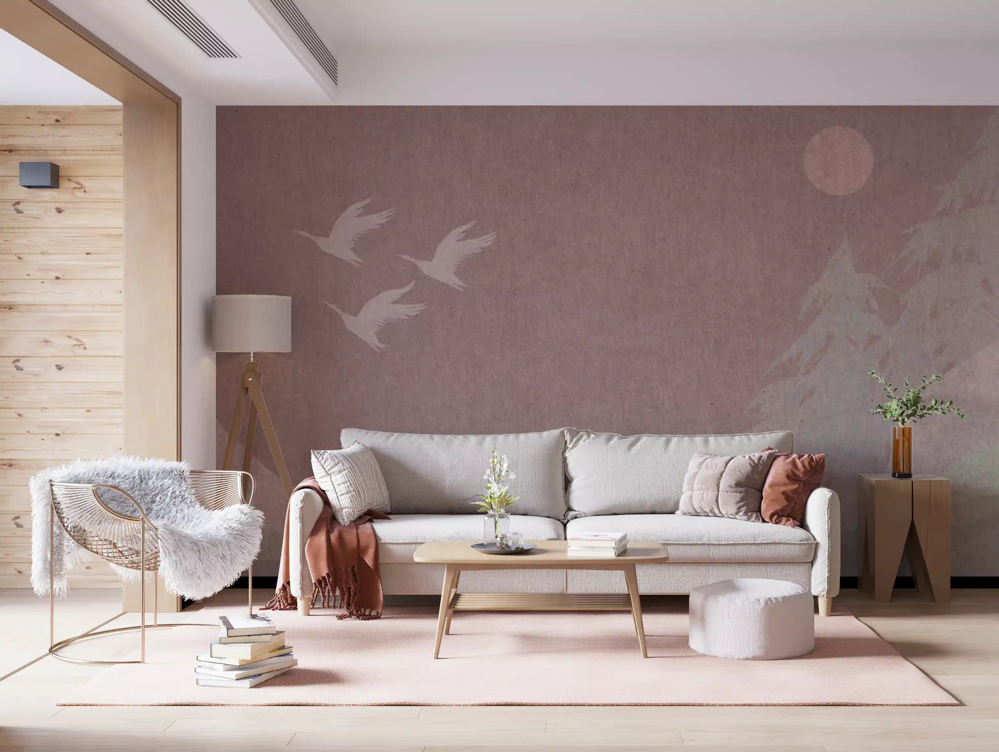 Minimalist Japanese Cranes in Blush Mauve Wall Mural