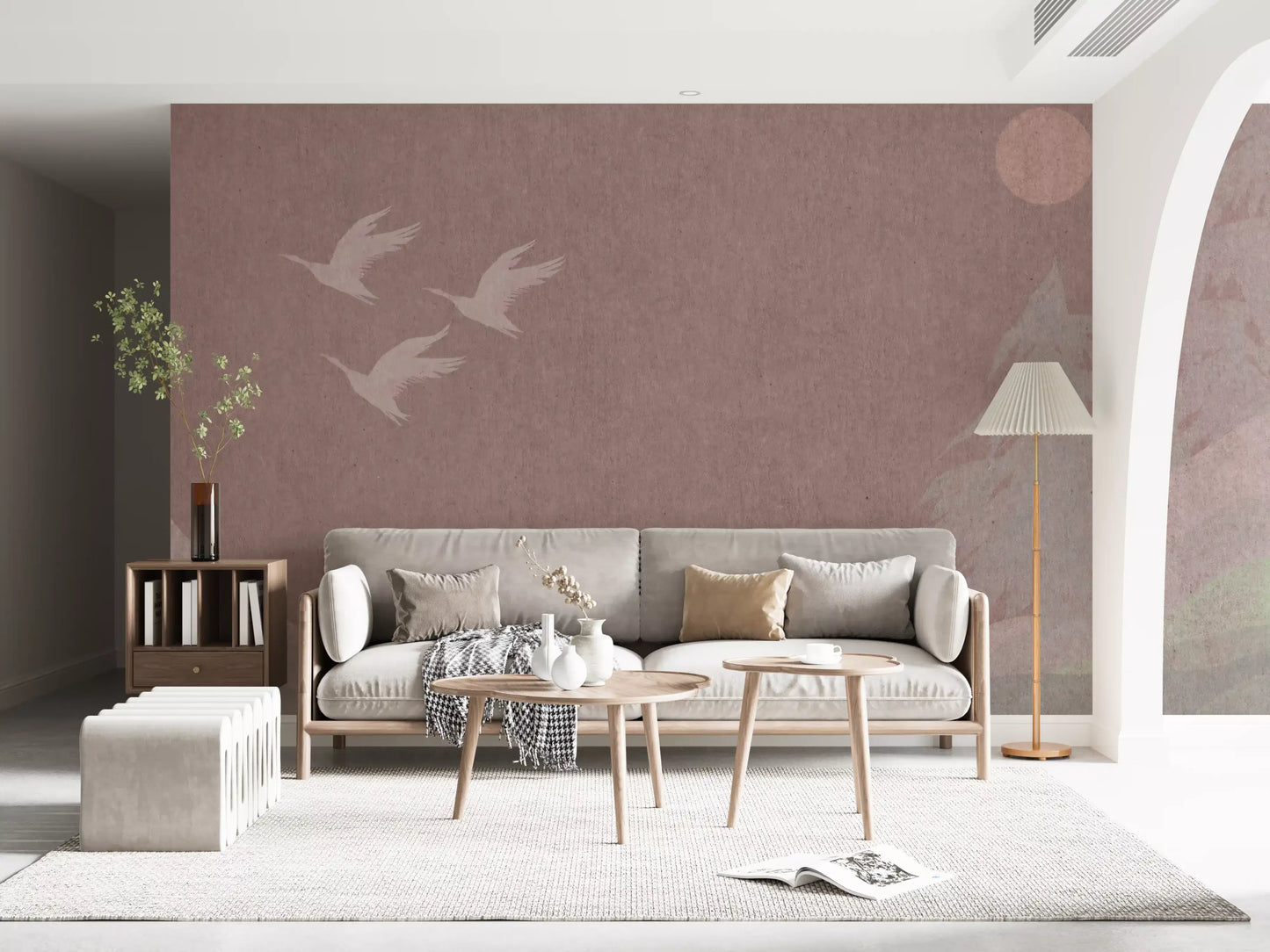 Minimalist Japanese Cranes in Blush Mauve Wall Mural