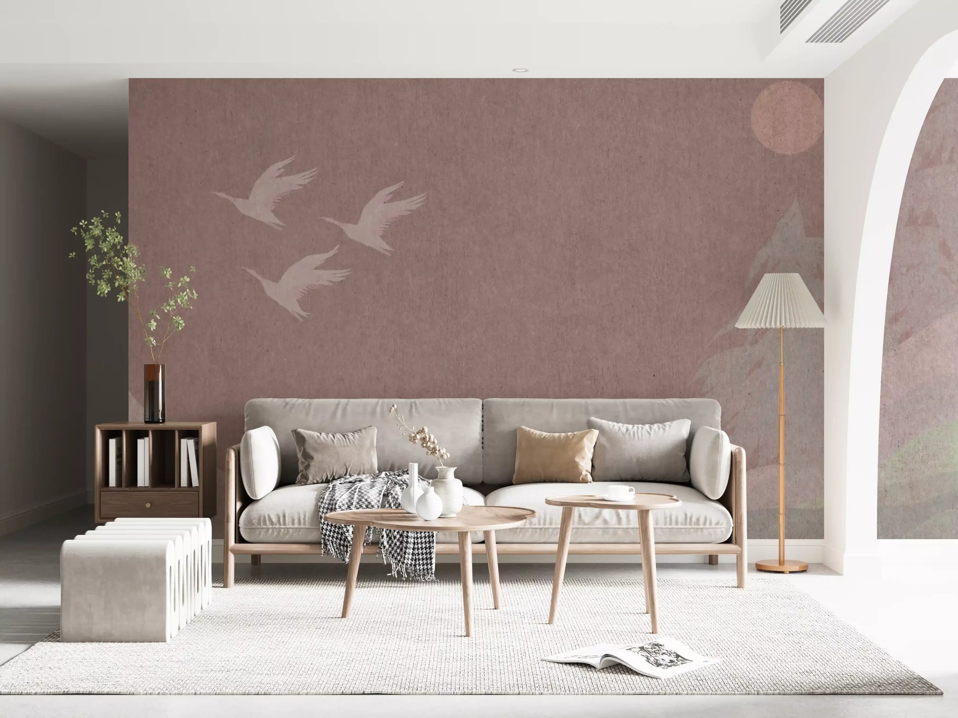 Minimalist Japanese Cranes in Blush Mauve Wall Mural