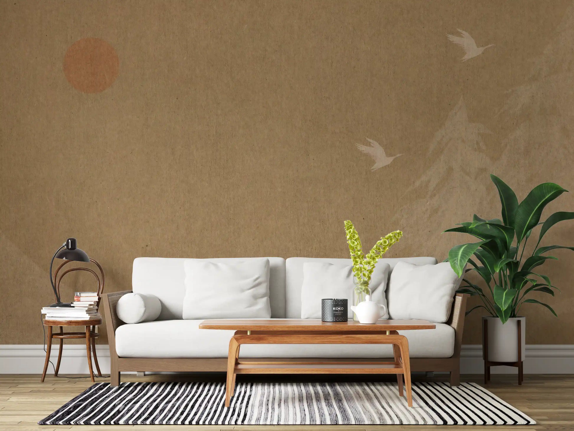 Minimalist Oriental Sun and Pine Trees Wall Mural
