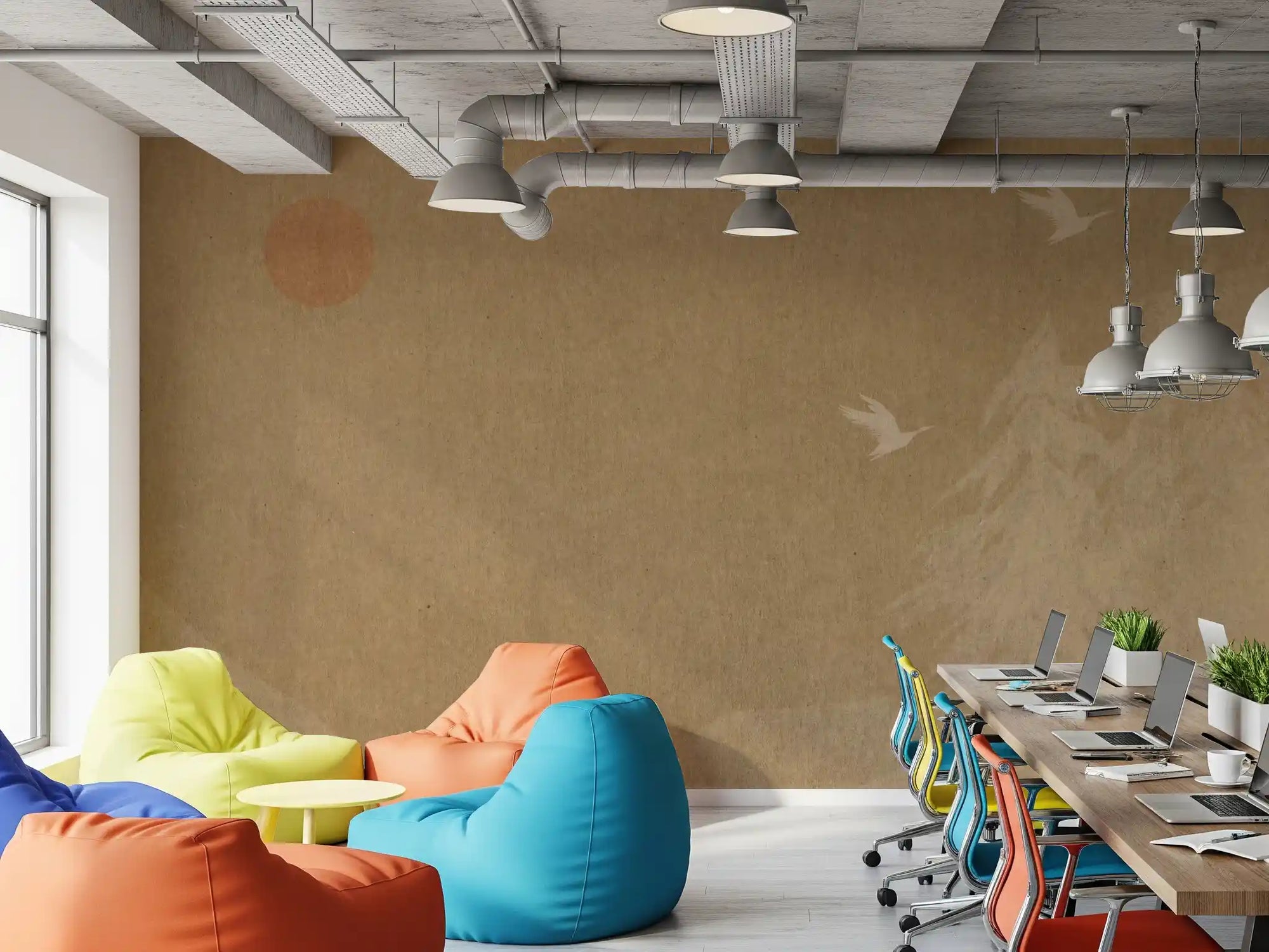 Flying cranes near angular pine trees on warm tan wall mural in office GD11016