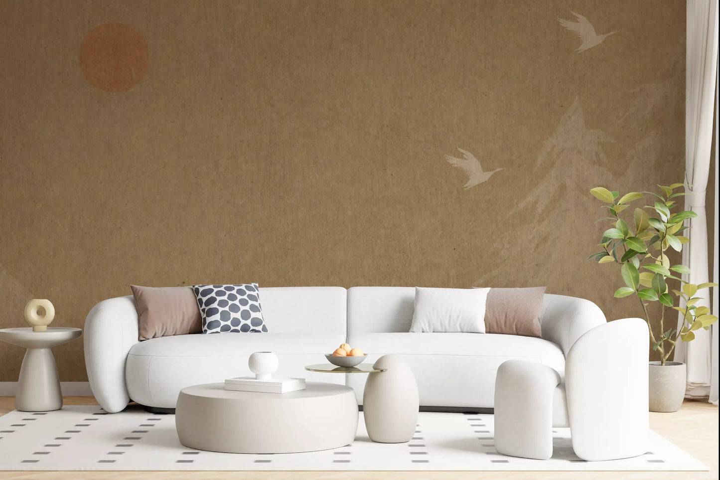 Minimalist Oriental Sun and Pine Trees Wall Mural