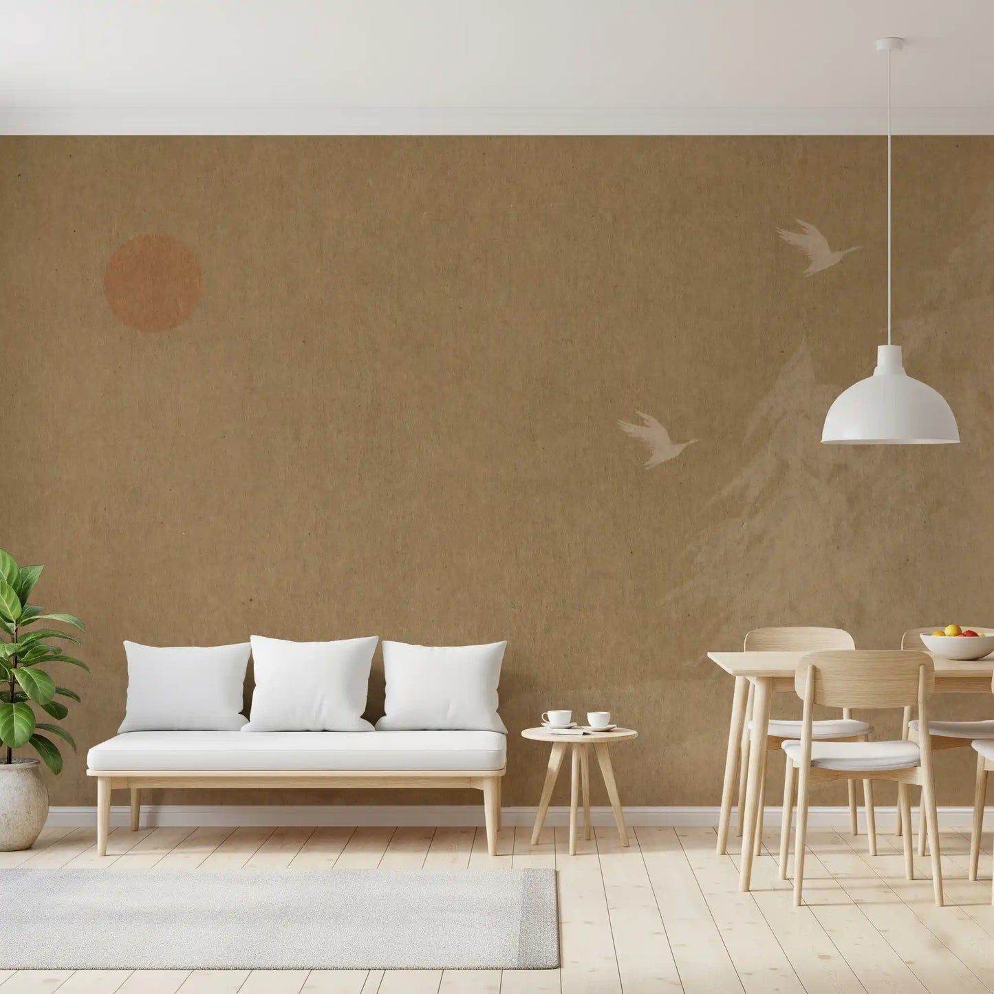 Minimalist Oriental Sun and Pine Trees Wall Mural