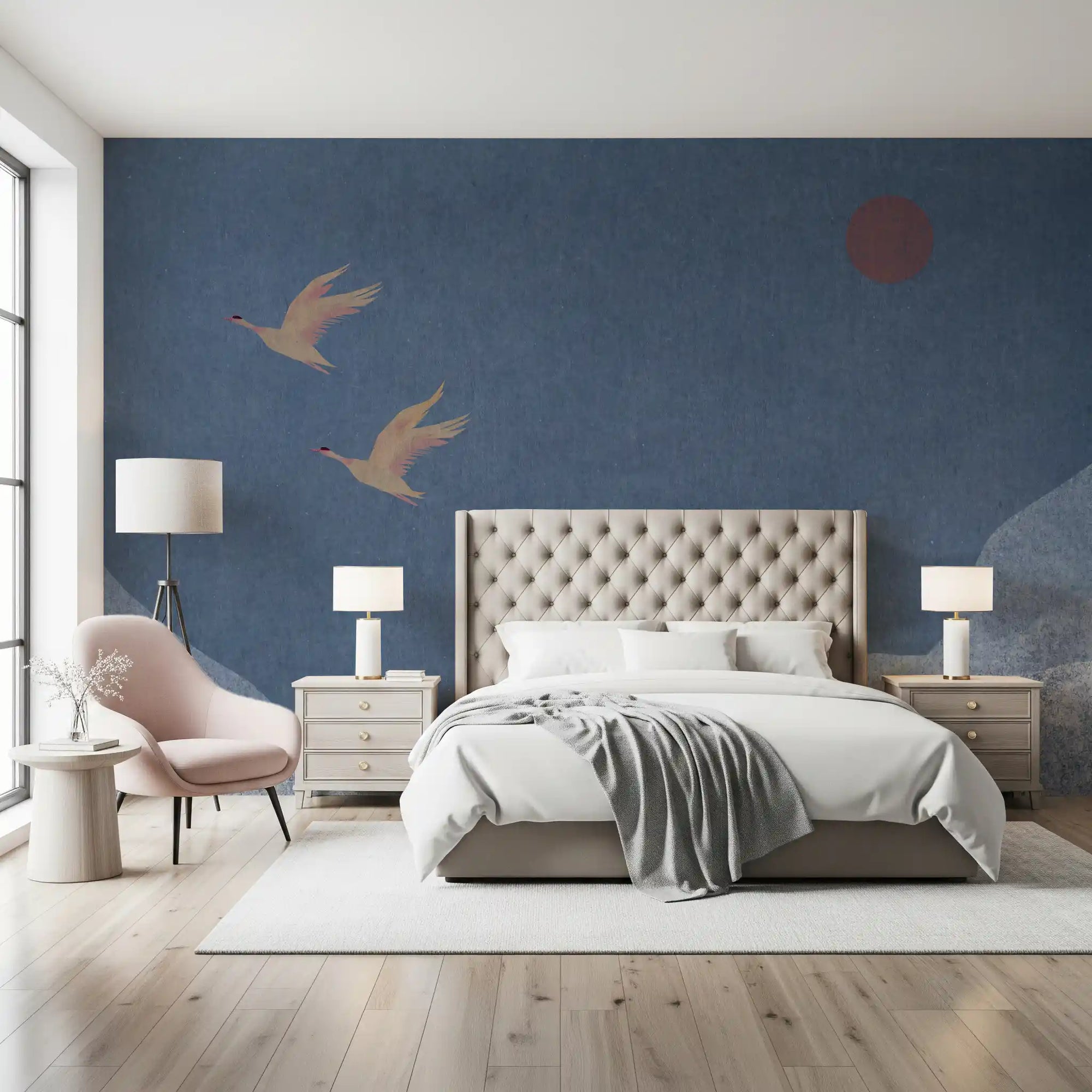 Two cranes in flight over layered mountain ridges on slate blue wall mural GD11017