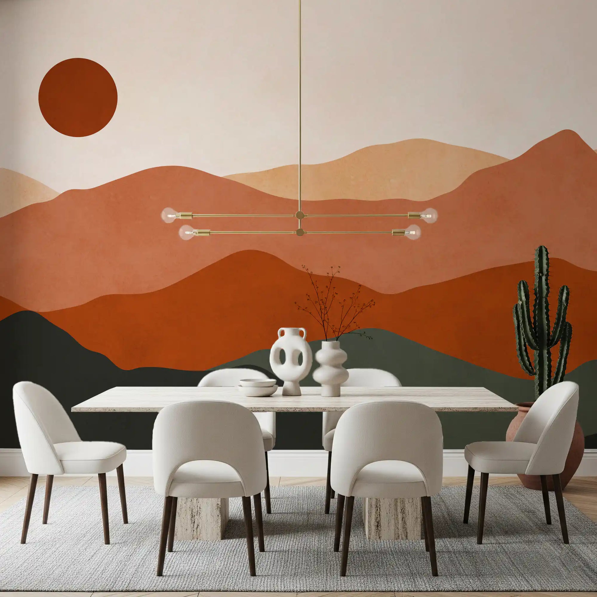 Dining room with terracotta layered mountain sunset wall mural on accent wall GD11018