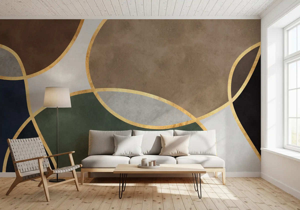 Mid century modern organic circles wall mural in navy olive taupe and charcoal GD11021