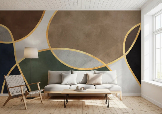 Mid century modern organic circles wall mural in navy olive taupe and charcoal GD11021
