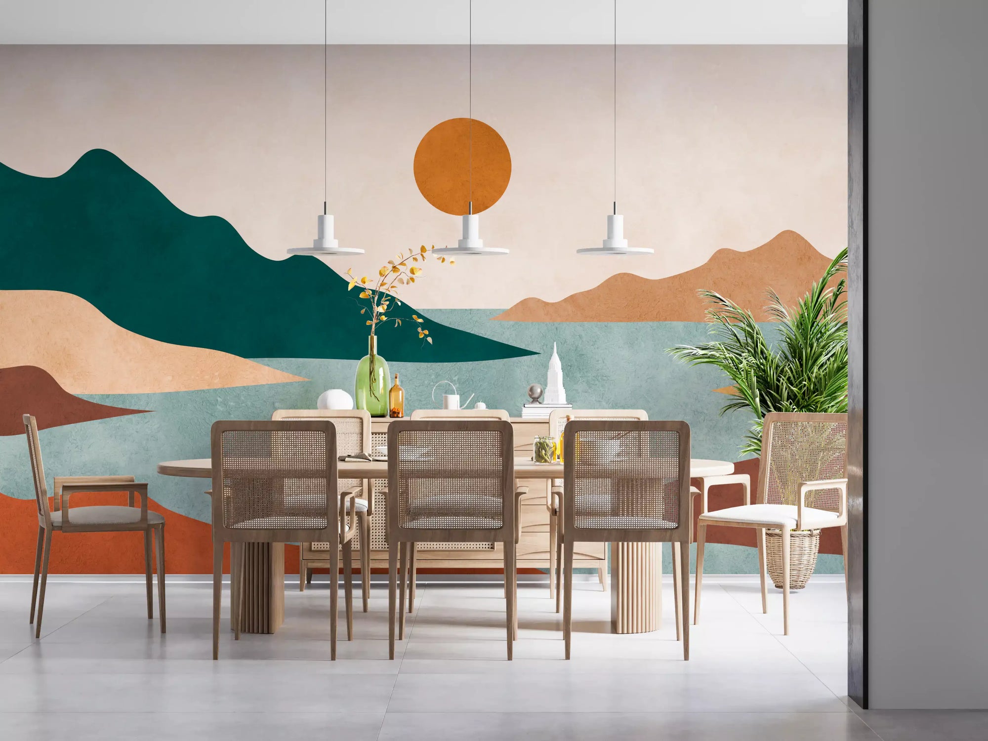 Tranquil earth minimalist landscape wall mural with mountains sun and lake in dining room GD11024