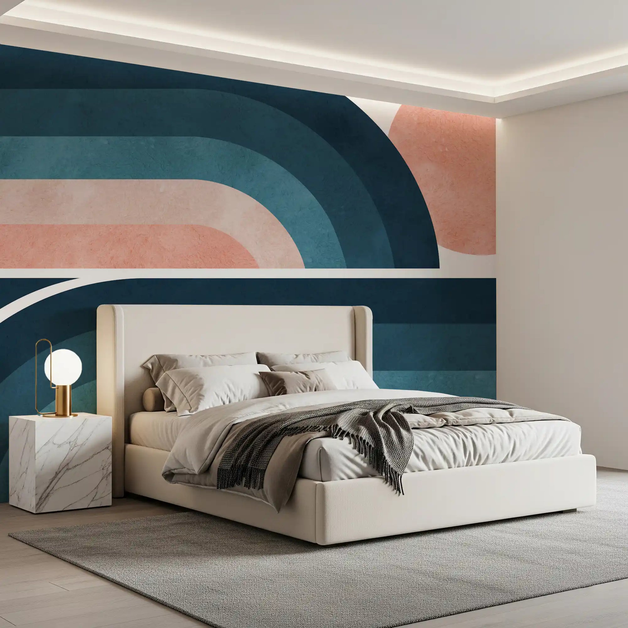 Nostalgic Horizon Arcs Wall Mural in navy, blue, peach and cream layered curves for bedroom GD11026