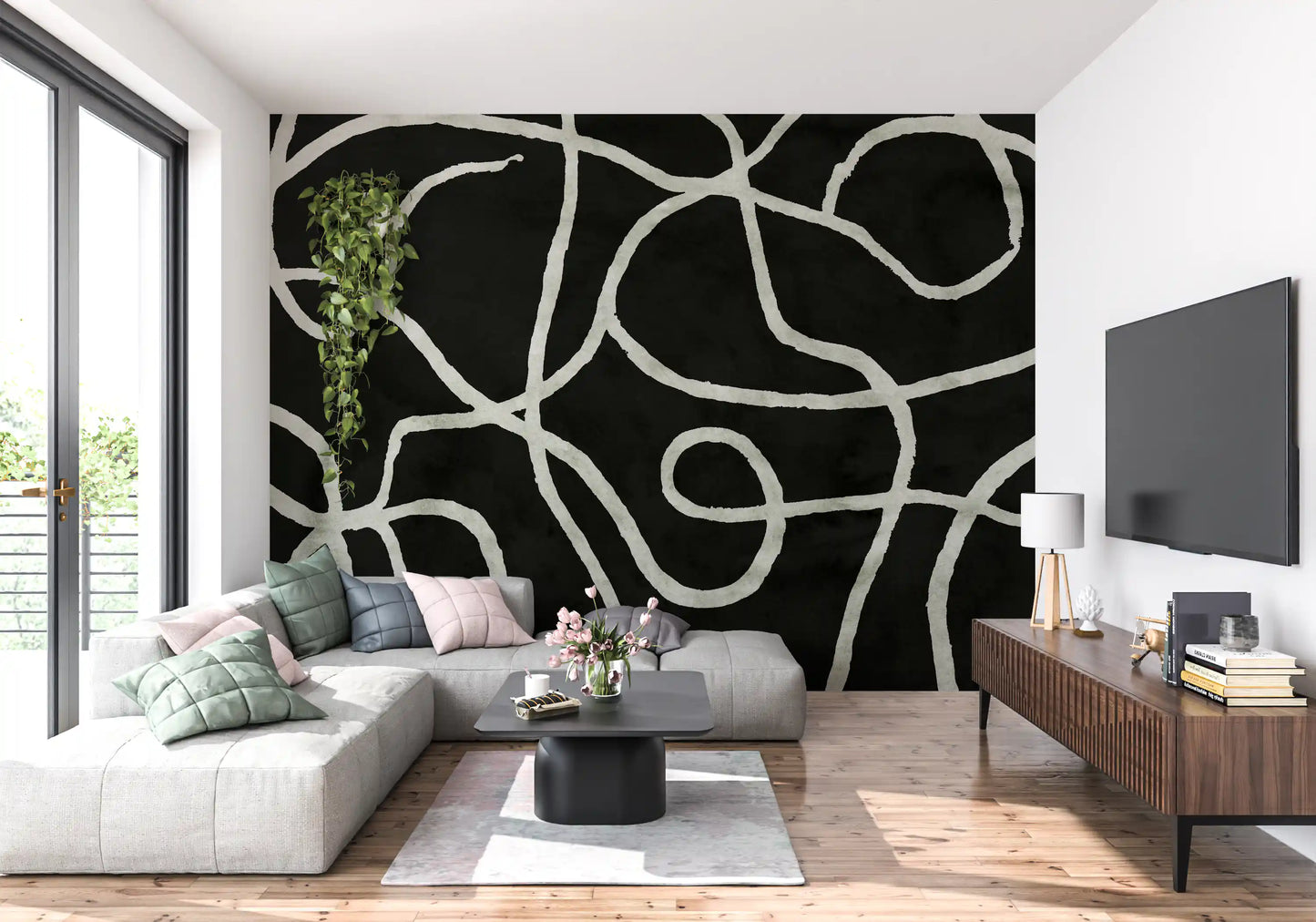 Minimalist Organic Ink Lines on Charcoal Wall Mural