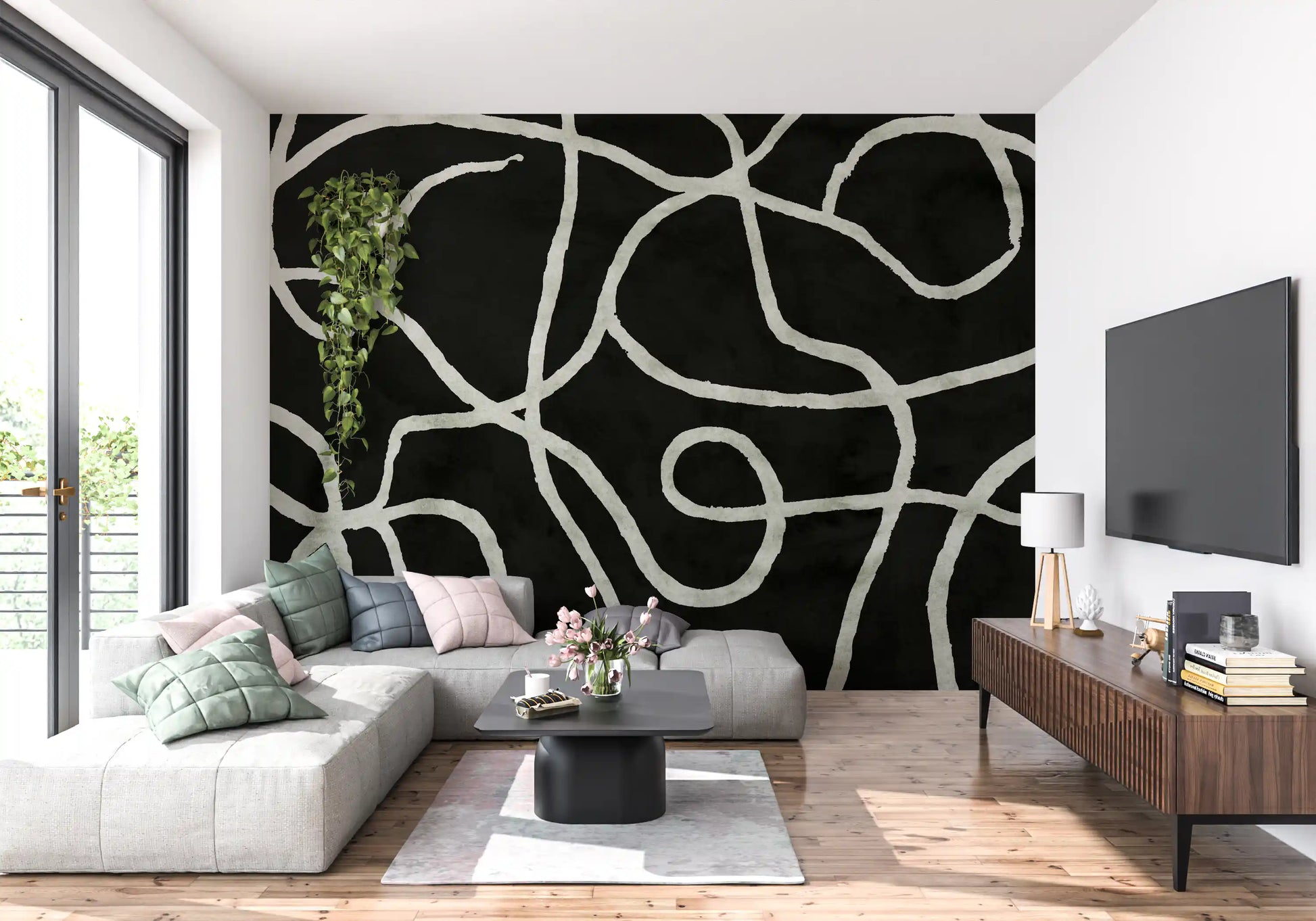Minimalist Organic Ink Lines on Charcoal Wall Mural