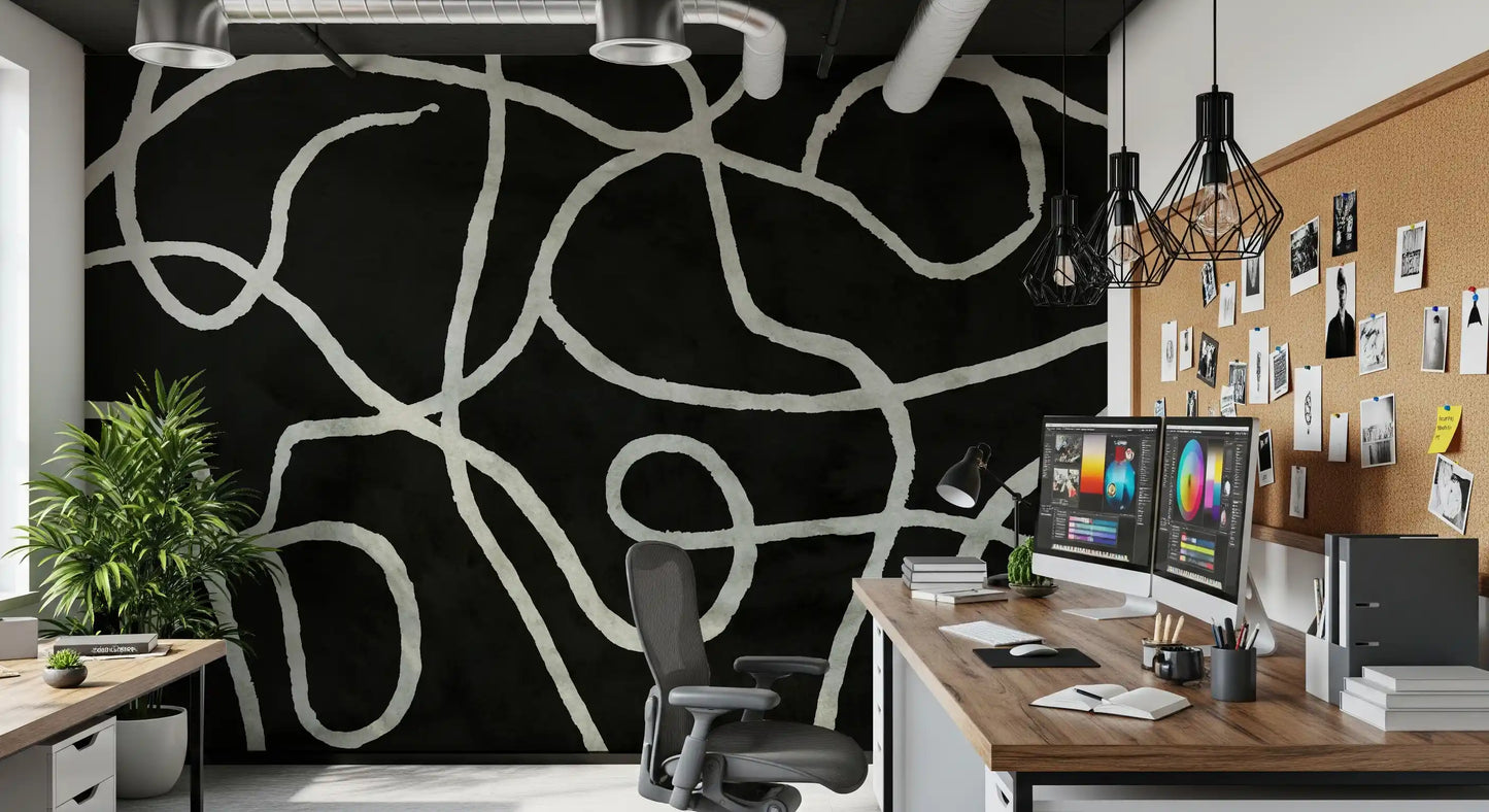 Minimalist Organic Ink Lines on Charcoal Wall Mural