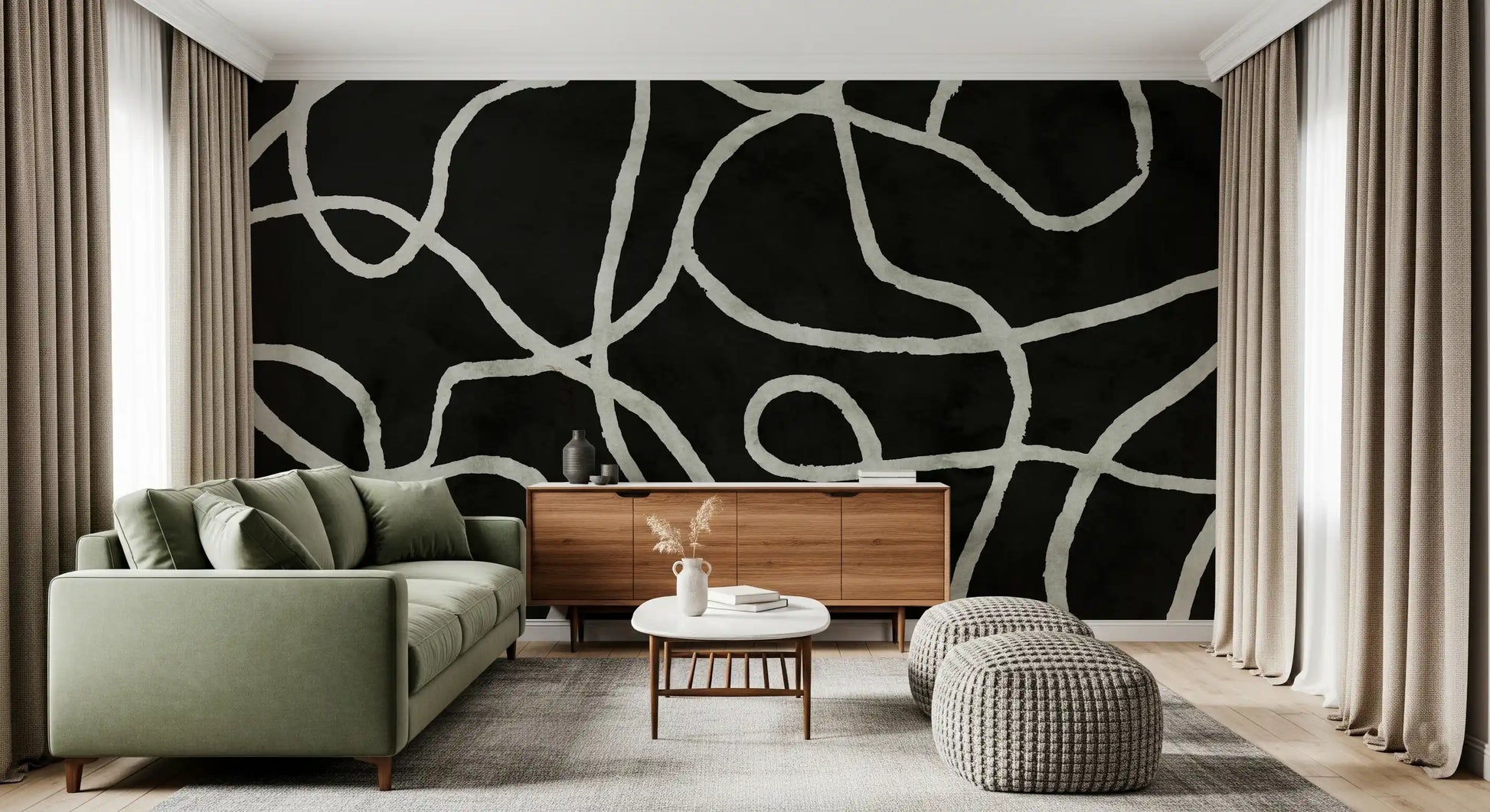 Minimalist Organic Ink Lines on Charcoal Wall Mural